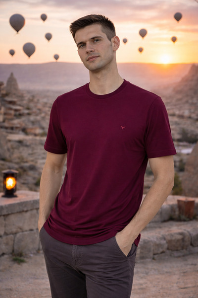 Maccali Muška majica trenda okrugla kragna Osnovni tamnocrvena