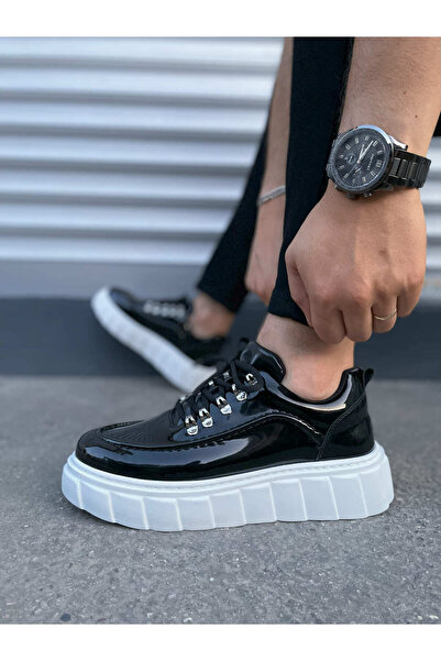 pabucmarketi Black Patent Leather (White Sole) Lace-Up Men's Casual Shoes