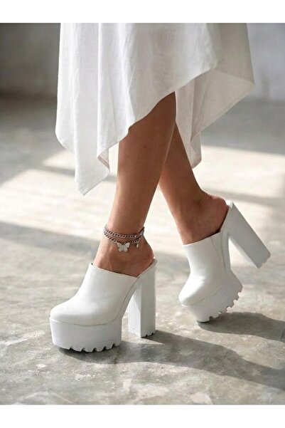 Modanizm Morv Beyaz Dolgu Topuklu Terlik