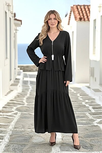 Butikcadde Black Chest Zipper Skirt Suit