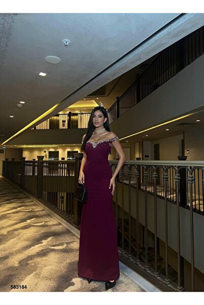 Modafeminen Crepe Stretchy Fabric Collar Sleeve Pearl Detailed Evening Dress ...