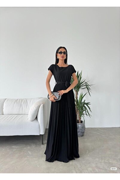 Modafeminen Μαύρο φόρεμα μάξι με ζώνη Με πιέτες 582931