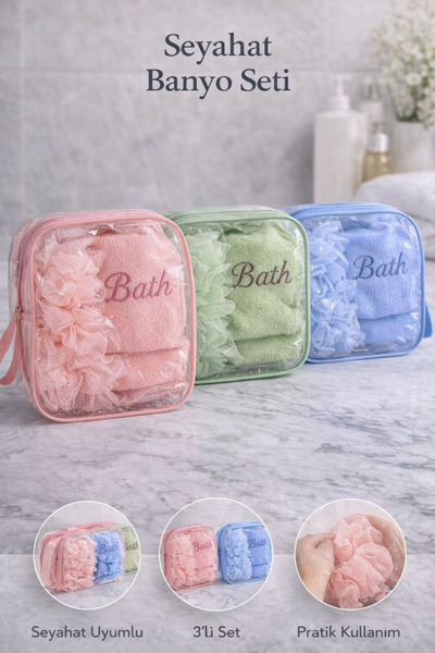 BMHOUSE Seyahat Banyo Seti 3’lü Şeffaf Makyaj Çantası İçinde Havlu ve Banyo L...