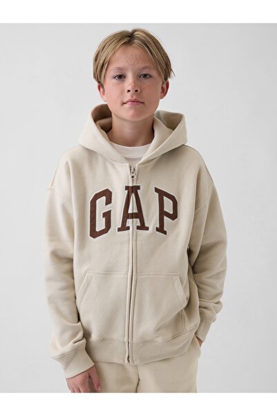 GAP Erkek Çocuk Bej VintageSoft Logo Fermuarlı Sweatshirt