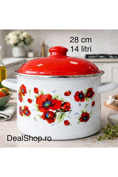 dealshopromania Oală emailată extra mare cu capac 28 cm, 14L, model maci roși...