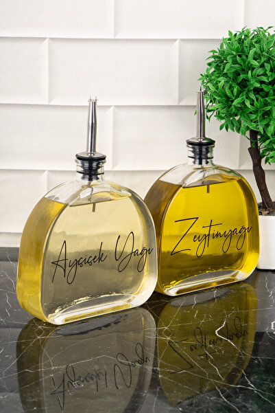 Saule 2'li Oval Cam Yağdanlık Seti Gümüş Kapak Ayçiçek Yağı Zeytinyağı Etiket...