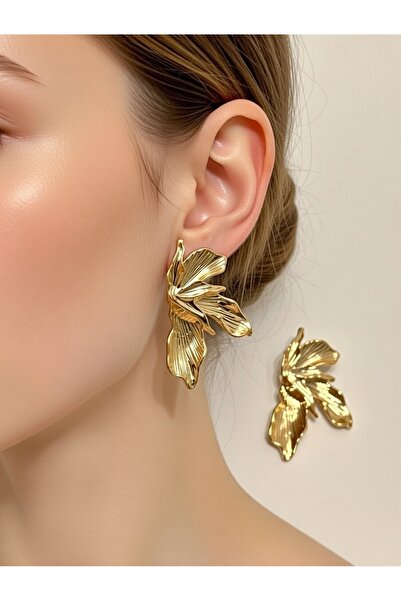 Açıkmeşe Ev Yaşam Ürünleri Gold Vintage Tarzı İri Metal Orkide Çiçek Küpe