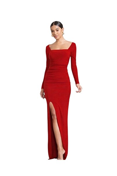 hipnoz butik Women's Square Neck Slit Long Dress