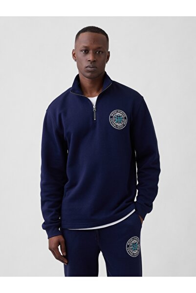 GAP Erkek Lacivert Relaxed Grafik Yarım Fermuarlı Sweatshirt