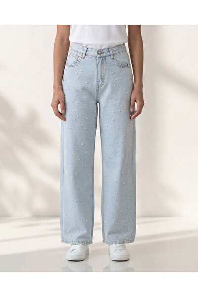 REDTAG بنطلون جينز نسائي أزرق مزين باللؤلؤ، بقصة مستقيمة