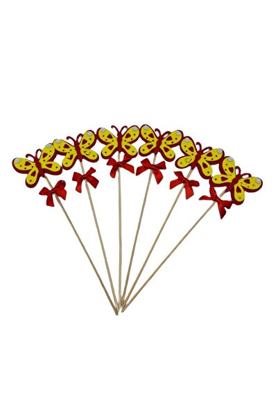 decotoys Fluturi fetru rosii pe tija lemn 6/set