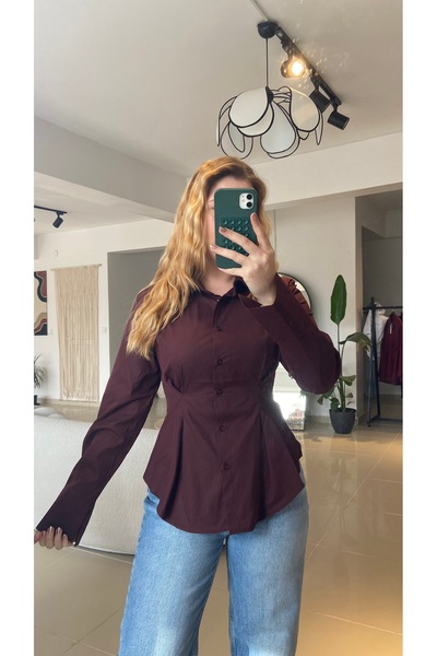 Ezgie Atelier Belden oturtmalı slimfit bordo gömlek
