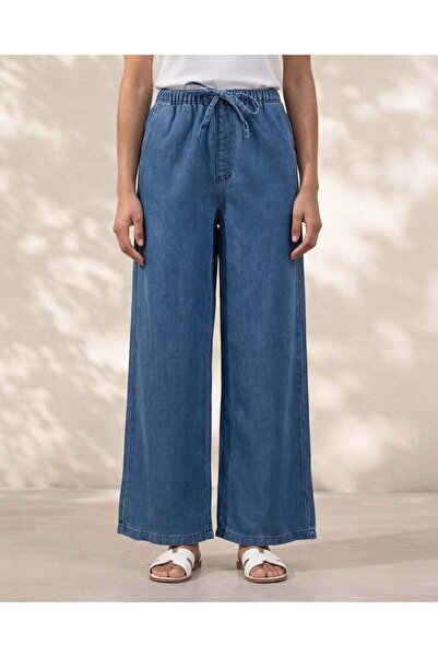 REDTAG Women Dark Wash Straight Fit Elasticated Long Length Pants