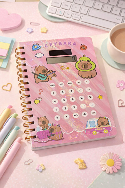 NaSaDAN Kapibara Hesap Makineli Spiralli Çizgili Defter – Tuşlu, Hologram Kap...