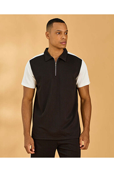 REDTAG Men Black Contrast Sleeve Polo Shirt With Zip Placket