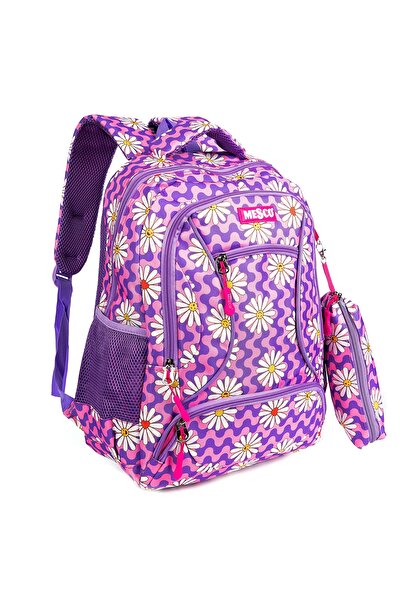 Mesco Ghiozdan scoala Mesco, Flori, 4 compartimente si penar, Mov, 44 x 32 x ...