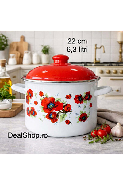 dealshopromania Oală emailată cu capac 22 cm, 6,3 litri Model Maci Roșii – Oa...