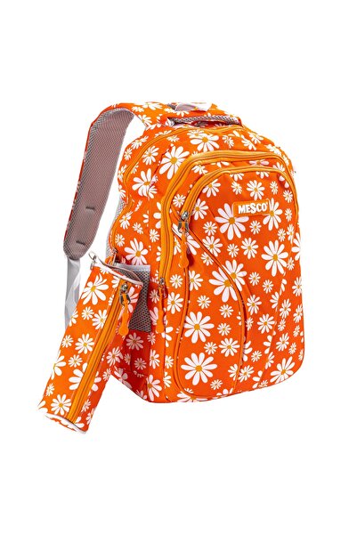 Mesco Ghiozdan scoala Mesco, Flori, 4 compartimente si penar, Portocaliu, 44 ...