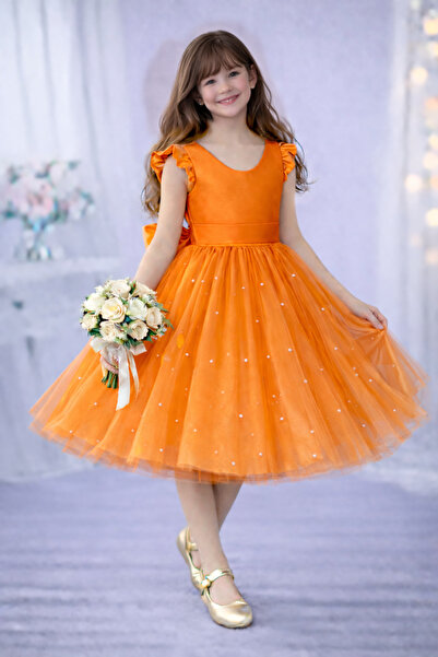 MadyaButik Kız Çocuk Turuncu Fırfır Kol İncili Elbise Mezuniyet Doğum Günü Öz...
