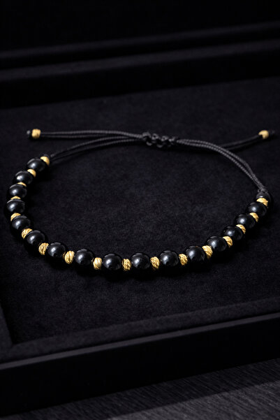 OEM Βραχιόλι με ρυθμιζόμενο κορδόνι, μαύρες κρυστάλλινες χάντρες, χρυσές λεπτ...