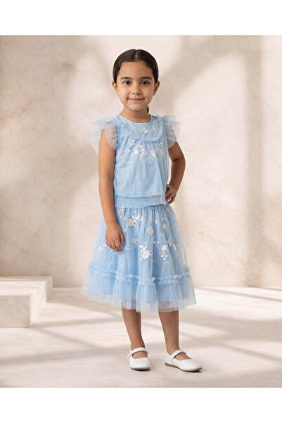 REDTAG Girls Blue Embroidered Top With Tulle Skirt Set