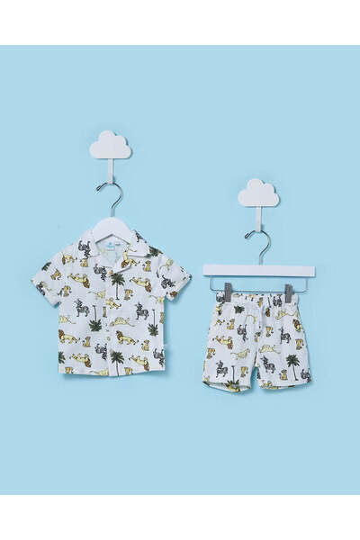 REDTAG Infant Boys White Simba Printed Shirt and Shorts Set
