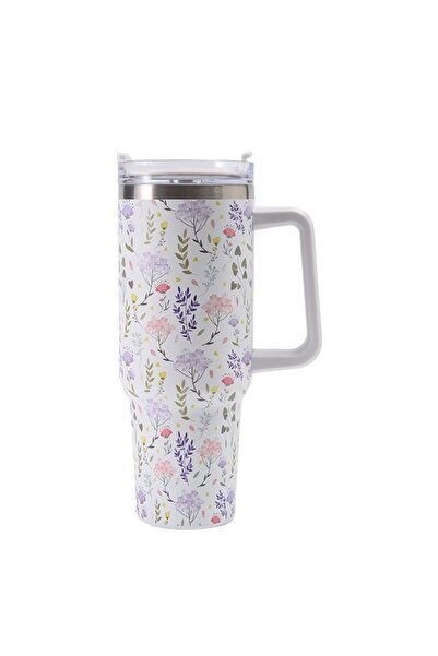 Avaleea Plastic thermos mug, for hot and cold drinks, with handle, Floral Pri...