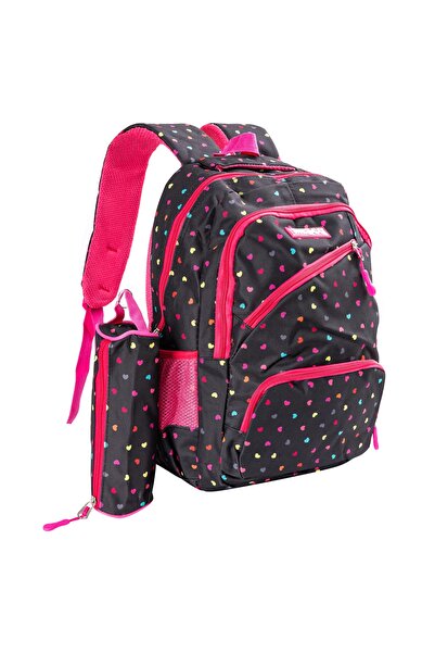 Mesco Mesco school bag, Hearts, 4 compartments and pencil case, Black/Pink, 4...