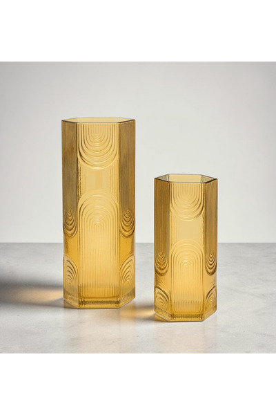 Felis Arte Decorative Set of 2 Glass Vases, Textured Pieces, Honey Color, Boh...