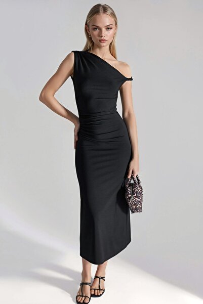 Hiccup Asimetrik Yakalı Vücuda Oturan Midi Elbise