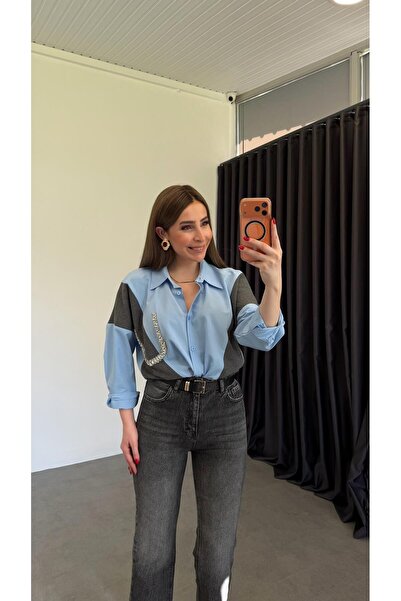elif teke Pky Damla Taşlı Gömlek Mavi