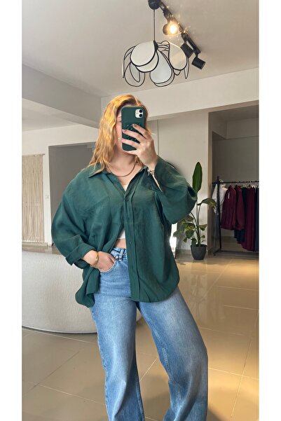 Ezgie Atelier Dökümlü Oversize yeşil gömlek