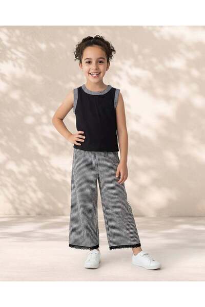 REDTAG Girls Black Top And Polka Dot Wide Leg Pants Set