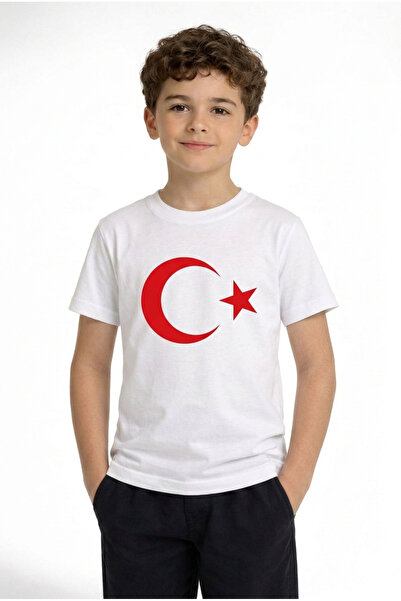 Kız-Erkek Çocuk Kırmızı Ay Yıldız Baskılı Beyaz Renk Pamuk/Süprem Rahat Kalıp T-Shirt