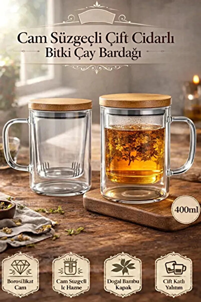Rosemor 2li Borosilikat Çift Kat Bitki Çay Bardağı 400 lm Cam Süzgeçli Bambu Kapaklı Kupa Kulplu Demlik Mode