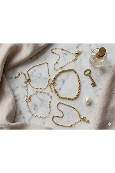 Novamtrend Gold Renk Çoklu Zincir Bileklik Seti - 5'li Kombin Set