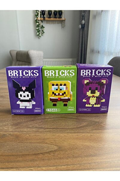 Brick 🧩 Mini Bricks Kuromi – SüngerBob – Mor Ayıcık 3’lü Set Mikro Blok Yapı...