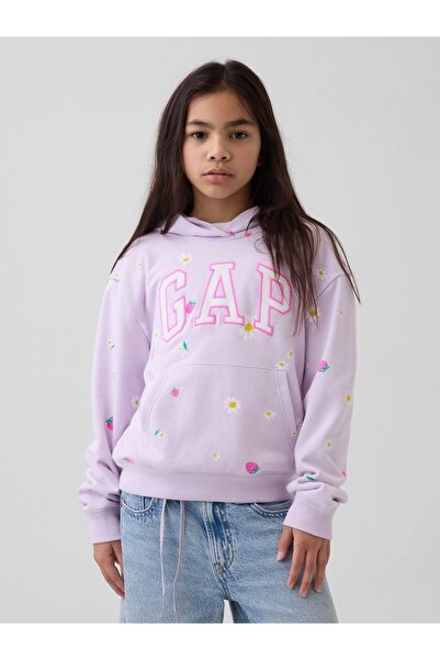 GAP Kız Çocuk Mor Relaxed Logo Fransız Havlu Kumaş Sweatshirt