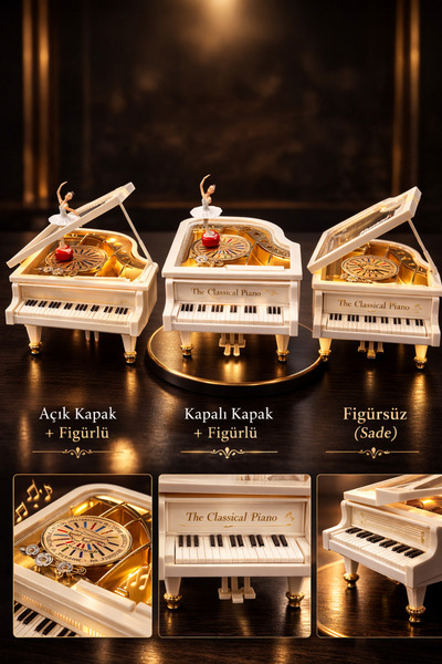 ARUZEN Hareketli Figürlü Beyaz Piyano Müzik Kutusu Kapak Açılınca Çalan Dekor...