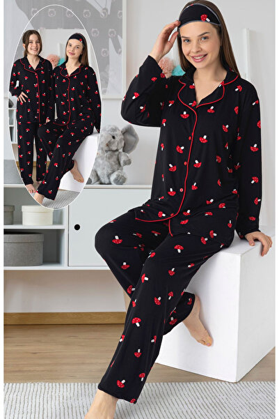 ANGEL VALESKA Mushroom Patterned Buttons Long Sleeve Mother Daughter Pajamas Set