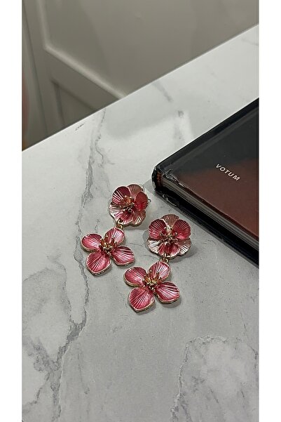 onse Pembe Mineli Çelik Çiçek Sallantılı Küpe