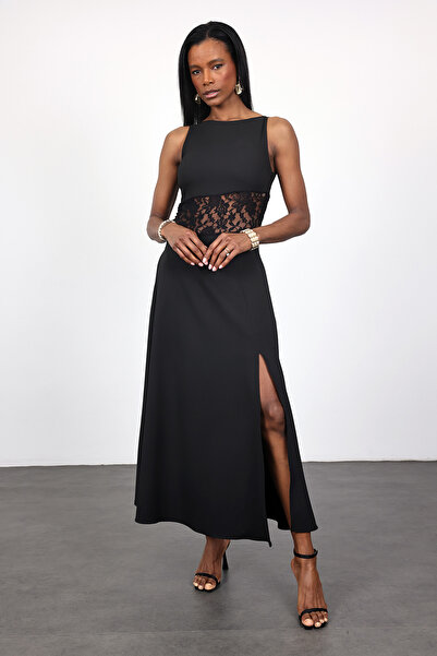 5in1Canpolat Siyah Dantel Geçişli Yırtmaçlı Elbise 1222