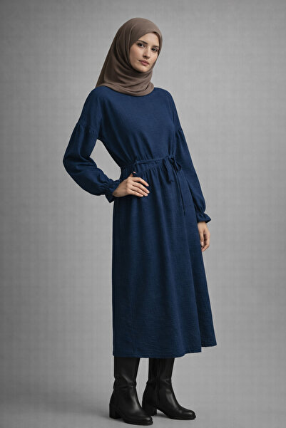 Şiir Belden Ruched Adjustable Lace-Up Low Balloon Sleeve Long Women's Dress &...