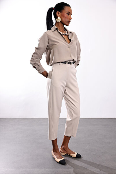 5in1Canpolat Μπεζ υφασμάτινο παντελόνι κομμένο σε σχήμα καρότου 9957