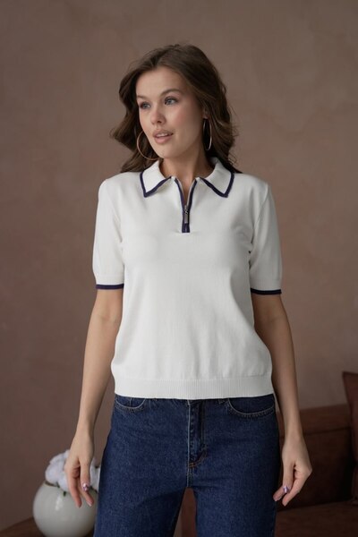 Noi Belis Soft-Textured Polo Collar Half Placket Buttoned Knitwear Blouse Ss2...