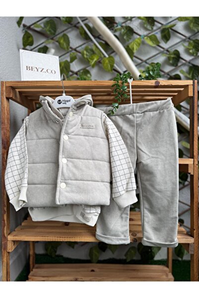 Hippıl Baby Hooded Sweatshirt - Vest Set Water Green 3-Piece Set