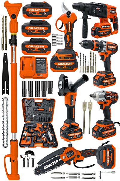 Graizer T 7’li Akülü Makine Seti Akülü Taşlama Dal Budama Kırıcı Delici Makas...
