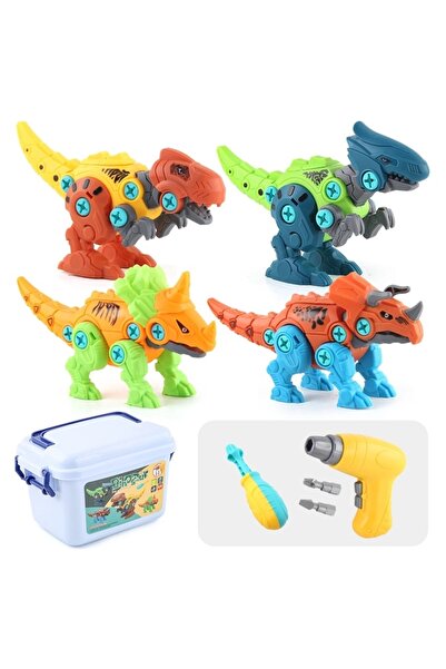 Avaleea Set constructie, 4 Dinozauri cu bormasina electrica, surubelnita si c...