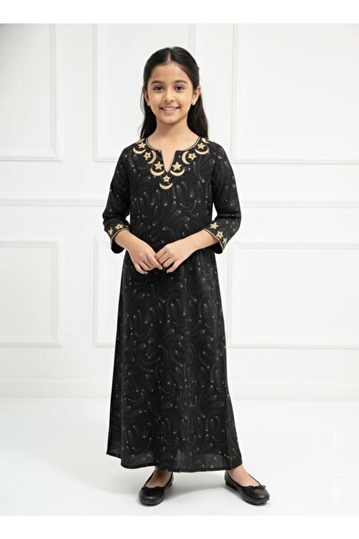 LINELLE Rayon Black Printed Kids Jalabiya, Golden Star & Moon Embroidery