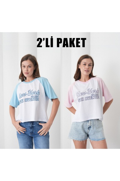 caddekombin Ženski set od 2 majica New York Štampano sa raglan rukavima Overs...